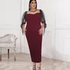 Burgundy Bodycon Dresses Plus Storlek 4XL 5XL O Neck Polka Dot Se genom Midi Length Office Evening Party Event Robes Summer 210527