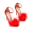 Kvinnor Sommar Sandaler Fluffy Peep Toe Stilettos High Heels Fur Feather Lady Bröllop Skor Stor Storlek 42