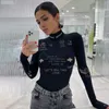 Mode Print Letter Skinny Casual Turtleneck Lange Mouw Herfst Bodysuit Dames Eenvoudige Basic Wilde Vrouwelijke Bodysuit 210518