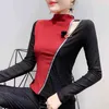 Autumn Color Block T-shirts Women Shiny Bling Patchwork Stretchy Tops Bottoming Long Sleeve Camiseta Mujer T99291 210421