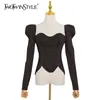 Sexig svart stickning pullovers för kvinnor fyrkantig krage långärmad slank tröja kvinnlig mode kläder 210524