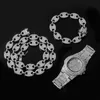 Ketting + horloge + armband 3 stks Kit Hip Hop Miami Curb Cubaanse Ketting Goud Volledige Iced Out verharde Rhinestones CZ Bling voor Mannen Sieraden X0509