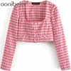 Kolla in Shirt Sommar Fashion Square Collar Långärmad Knapp Fram Kvinnor Casual Blusar Kvinna Slim Rosa Plaid Toppar 210604