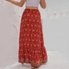 Women Clothing Casual Boho Print Lace Up Maxi Skirts Summer Fashion Empire Loose Long Skirt Green Slit Beach Womens 210629