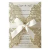 (50 pieces/lot) Glittery Sliver Laser Cut Wedding Invitations With Shiny Sheet Beige Bow Invite Cards For Party Supplies IC123S