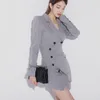 Korean Spring Fashion Office OL Lady Dresses Notched Collar Double breasted Chic Irregular Mini Dress 210519