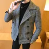 2020 가을 겨울 새로운 남자 짧은 모직 코트 더블 브레스트 디자인 캐주얼 윈드 브레이커 코트 패션 레트로 타탄 자켓 코트 5XL x0621