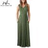 Nice-forever Causal Pure with Pocket Pleated Dresses Flare Long Maxi Summer Women Dress btyA162 210419