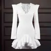 Branco Banquete Frisado Vestido Mulheres Bodycon V Neck Manga Longa Mini Cinto Slim Partido Vestidos De Aniversário De Casamento Data Out Christmas 210527