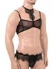 Mens sissy underkläder set se genom ren mesh spets trim halter neck bh topp med öppna bujockstrap briefs sex underkläder bras set