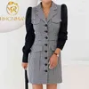 Fashion Autumn Korean Vintage Patchwork Single Breasted Suit Overcoat Casual Simple Slim Dress Houndstooth Chic Dresses 210506