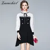 Mulheres Elegantes Ruffles Manga Longa Patchwork de malha Outono Feminino Feminino Doce Bow Collar Pérolas Botões Sweater Slim Party Vestido 210416