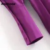 Fashion Purple Pleated Shirt Women Office Wear Turn Down Collar Mini Dress Ladies Long Sleeve Chic Dresses 210413