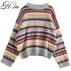 H.SA herfst winter vrouwen mode pull gestreepte kleurrijke jumpers flare mouw regenboog chique meisjes trui oversize 210417