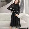 Korean Fashion Women Long Sleeved Polka Dot Pleated Dress Black Vintage ClotheS Spring Lady Chiffon 3670 210518