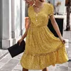 夏のエレガントな自由奔放に生きる花のプリントMidiのドレス女性のボタンセクシーなファッションビーチフリルドレス女性Sundresses Vestidos 210514