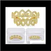 Grillz, tandkroppsmycken droppleverans 2021 Iced ut Grillz Micro Pave CZ Pure Gold Color Plated Top Bottom Six 6 Open Face Iced-Out Hip