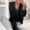 Mulheres Verão Branco Blusa Preto V Pescoço Camisas Camisas Manga Longa Sexy Hollow Out Tops Casual Solto Sólido Blusas 210515