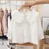 Ruffles Collar baby Girls Camisas Tops Algodão Jacquard Crianças Flare Manga Camisa Primavera Outono Roupas Blusa