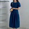 Nomikuma Spruff manga vestido mulheres cor sólida o pescoço uma linha vestidos de verão vestidos coreanos robe femme chique vestidos mujer 210514