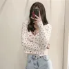 Floral Jacquard Knitted Cardigan Women Long Sleeve Crop Top Woman Spring Jackets Fashion V Neck Cute Sweater 210519