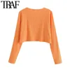 Femmes Mode Lâche Recadrée Orange Chandail Tricoté Vintage O Cou À Manches Longues Femme Pulls Chic Tops 210507