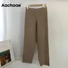 Aachoe Femmes Couleur Solide Couleur Lâche Pantalon Tricoté Casual Élastique Taille Élastique Dames Longueur de la cheville Pantalons De Femme Femme 210413