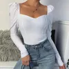 Ricorite Vintage Puff Sleeve Kvinnor Blus Solid Färg Nya Kvinnor Koreanska Style Topps Sexig Små V-Neck Slim Bluse Streetwear 210419