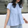 Kadın Bluzlar Gömlek Geri Lace Up Kadınlar Bluz Zarif Katı Gömlek Rahat Fırfır Kısa Kollu Vintage Baggy Chemise Tunik Fe Tops