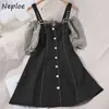 Neploe Fashion Contrast Color Short Puff Sleeve Vestido Female Fake Two Piece Mini Dress Woman Slash Collar Single Breasted Robe Y0726