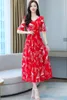 summer The Temperament printing Chiffon Dress V Neck Women's fashion red women clothing 210507