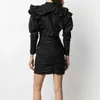 Robe décontractée noire pour femmes col claudine bouffée trois quarts manches taille haute froncé mince Mini robes femme 210531