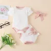Летняя детская ребристая одежда набор с короткими рукавами ромпер топ-носовые шорты с повязками 3шт / набор новорожденных младенческой малышей артикул ямы наряды M3482