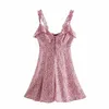 Za floral print ruche zomer jurk vrouwen mouwloze riemen vintage mini jurken vrouw chic front stropdas roze strand jurk 210602