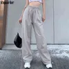 Casual Drawstring Sweatpants Joggers Kvinnor Streetwear Lossa Rak Byxor Harajuku Högt midja Gråbyxor Femme Capris 210415