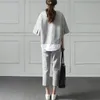 Paris Girl Autumn Casual O-Neck Fake 2 Pieces Top 3/4-Length Pants Two-Piece Sets Loose Splits Sleeve Cotton Suits 210331