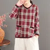 Moda de otoño mujeres de manga larga de doble bolsillo de bolsillo V-cuello en V 100% algodón a cuadros casual camiseta femme tops M311 210512
