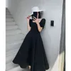 Vierkante kraag zwart casual jurken voor vrouwen korte mouw elegante midi jurk jurk Koreaanse kantoor dame zomer chic 210521
