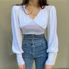 Camisetas de mujer, camiseta de mujer con cuello en V, moda de manga larga para oficina, camisetas blancas ajustadas, camisetas simples Retro elegantes, informales para mujer