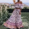 Bohemia Ruffle Slash neck Floral Print Dress Pullover Women Elastic Waist Maxi Long Pink Holiday 2 Pieces Set 210427