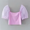 Stylish Violet Crop Blouse See-through Sleeve Sexy Solid Square Collar Lady Office Shirt Casual Short Tops Blusas 210430