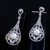 Blanc CZ pierres pavé suspendu Vintage mariée longue goutte perle boucles d'oreilles pour mariage mariées bijoux cadeau CZ213 210714