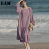 [EAM] Women Black Big Size Ruffles Long Dress Round Neck Long Sleeve Loose Fit Fashion Spring Summer 1DD6563 210512