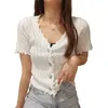 Frilled blus med trä öron Kvinnors V-hals kortärmad kort T-shirt sommar och koreanska mode kläder 210520