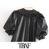 Women Chic Fashion With Ruffled Faux Leather Mini Dress Vintage Puff Sleeve Button-up Female Dresses Vestidos 210507