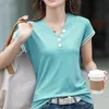レディースTシャツ女性用TシャツoumengkaカジュアルVネックボタン女性2022サマーバットウィングスリーブルーズレームトップスシャツの女の子ティー