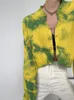 Y2k Tie Dye Pin Cardigan Women Sweater Yellow Cropped Knitted Long Sleeve Autumn Winter High Fashion 210427