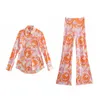 Vintage kvinna orange slim print skjorta uppsättningar våren elegant kvinnlig blomma matchande sätter damer streetwear långärmad kostymer 211007