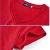 2021夏の袖口Vネック半袖コットンTシャツ女性ソリッドカラーブルゴーニュTシャツレディスリムソフトレッドグリーンファッショントップスx0628
