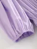 Women vintage O Neck puff sleeve purple color mini Dress Ladies press pleated elastic casual slim vestidos Dresses DS4025 210420